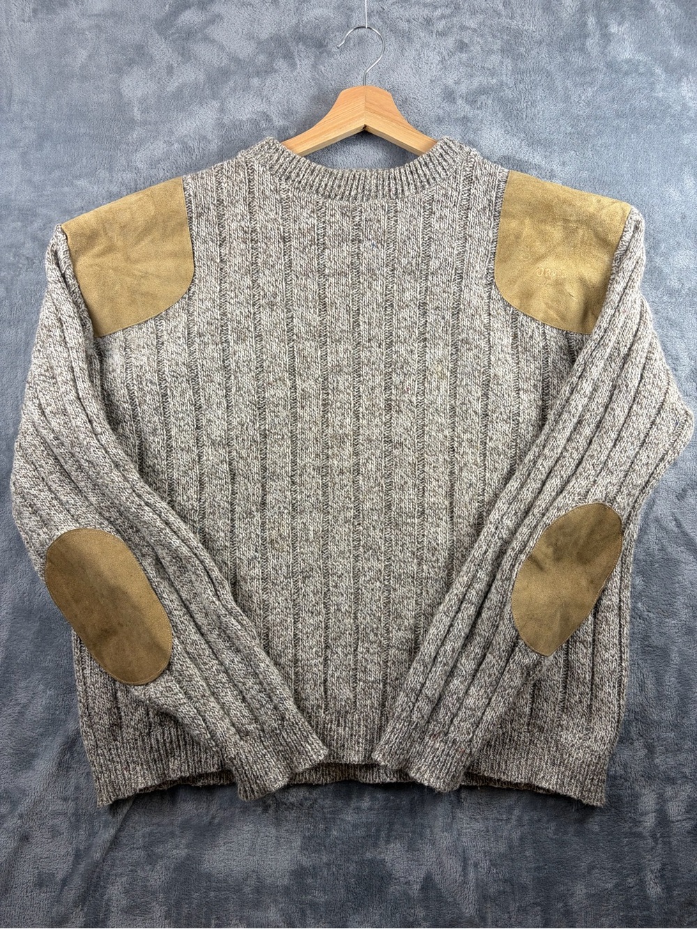 Orvis Brown Cable-Knit Vintage Wool Sweater with Tan Elbow & Shoulder Patches